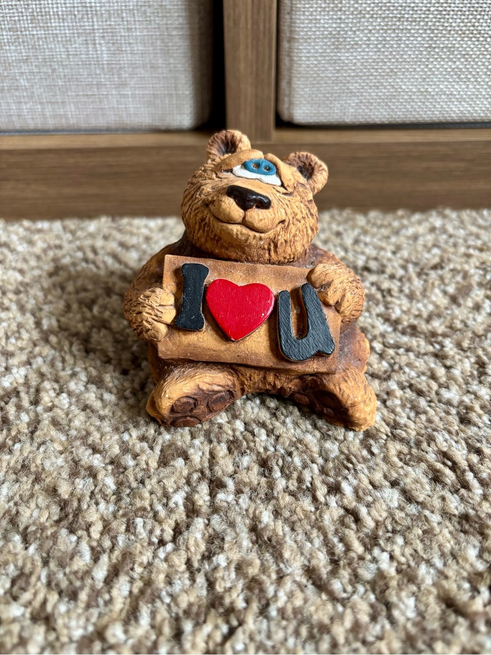 Vintage Brown Bear Figurine Holding I love you heart sign